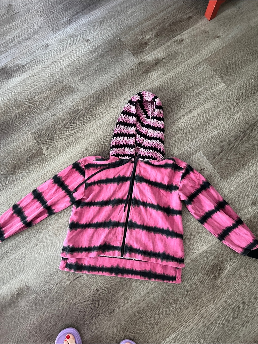 Alice and Olivia Mary Jane crochet tie dye Pink & Black Striped Hoodie